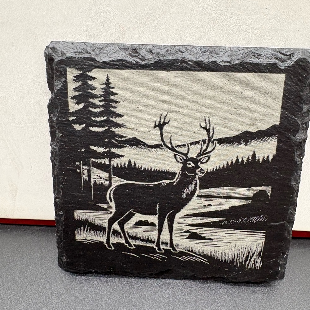 Rustic Deer Slate Coasters - Black and Gray (Set of 4) Laser Engraved Coated - Picture 4 of 8